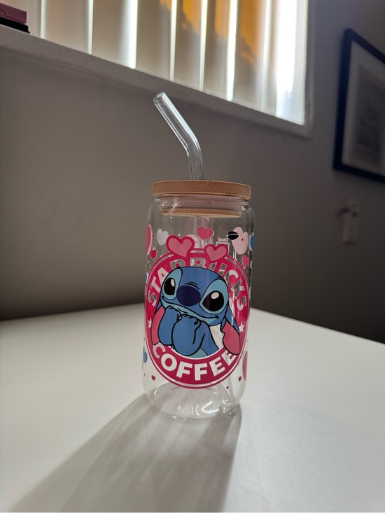 Other - Stitch Graphic Starbucks-Style Clear Tumbler with Straw - Blue & Pink